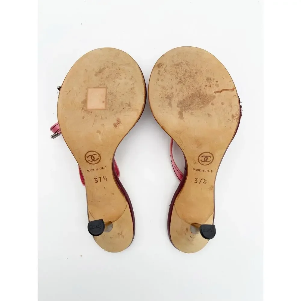 Chanel Vintage Pink Double Strap Satin Bow Cork Sole Slide Sandal Heels EU 37.5